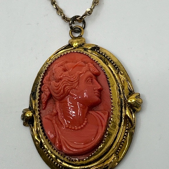 1/20 12k Gold Filled 18” Chain Necklace Coro Sterling Cameo Pendant Red Vintage - Picture 11 of 12